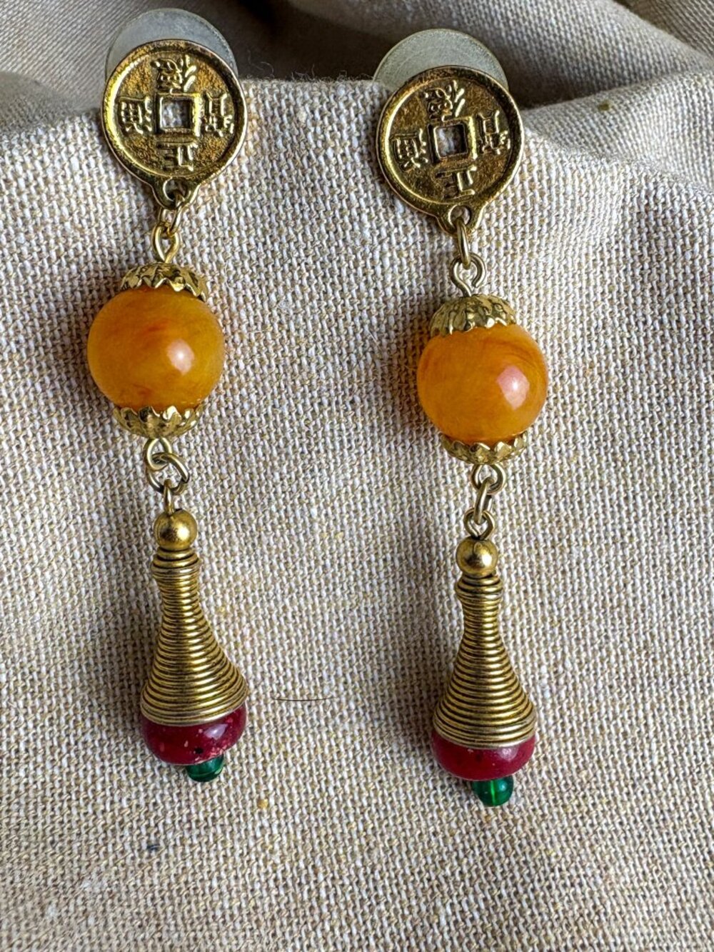 Boho Dangle Earrings - Gold Tone Coin Disc - Orange, Burgundy Beads